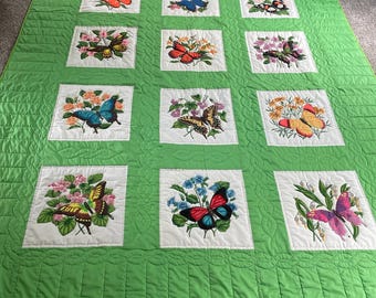 Vintage Hand Painted Hand Quilted Butterfly Quilt