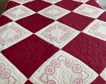 Vintage Hand Embroidered Hand Quilted Burgundy Quilts with hearts and flowers