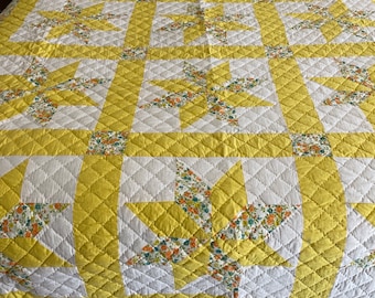 Vintage Hand Quilted 8 point star in bright yellow Quilt