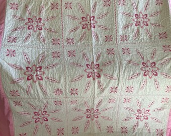 Vintage Hand Embroidered Hand Quilted Pink and White Quilt with dust ruffle