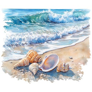May include: A watercolour painting depicting a beach scene with ocean waves and seashells. The waves are shades of blue and turquoise, breaking on a sandy shore. Various seashells are scattered on the sand, in different shapes and sizes.
