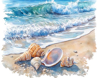10 Seashells & Waves Clipart - Watercolor Beach, Coastal Illustration (PNG/JPG Digital Download)