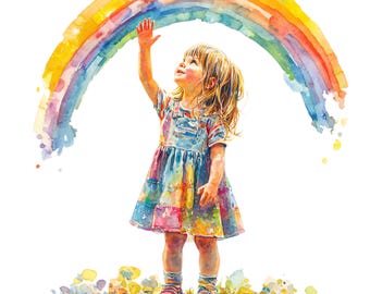 10 Rainbow Girl Clipart - Watercolor Nursery Child with Rainbow (PNG/JPG)