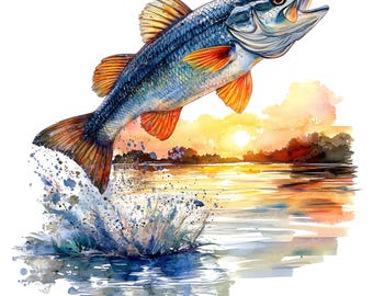 10 Jumping Bass Clipart - Watercolor Bass Fishing Art (PNG/JPG Digital Download)