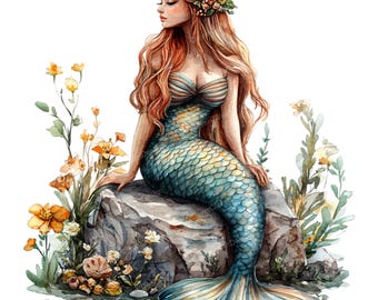 10 Mermaid Clipart - Watercolor Mermaid on Rock (PNG/JPG)