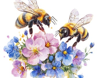 10 Bees in Flowers Clipart - Watercolor Honey Bees, Wildflower Set (PNG/JPG)