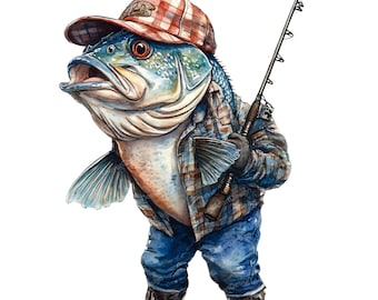 10 Funny Bass Fish Clipart - Quirky Fishing Watercolor (PNG/JPG Digital Download)