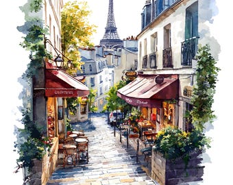 10 Paris Street Clipart - Watercolor Cityscapes, Parisian Cafes & Eiffel Tower Views (PNG Digital Download)