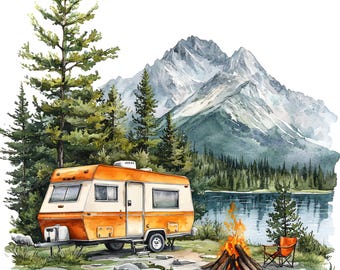 10 Lake Camping Clipart - Watercolor Camper, Campfire, Traveling Art (PNG/JPG Digital Download)