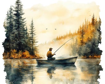 10 Man Fishing Clipart - Watercolor Boat Fishing & Lake Landscape (PNG/JPG Digital Download)