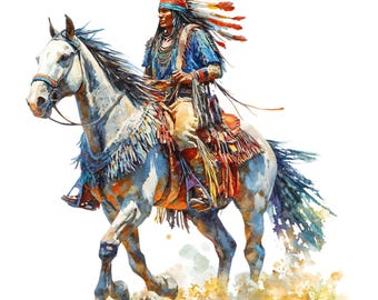 10 Native Indian On Horse Clipart - Watercolor American Indian Rider (PNG/JPG Digital Download)