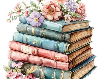 10 Vintage Books with Flowers Clipart - Watercolor Floral Books Stack (PNG/JPG Digital Download)