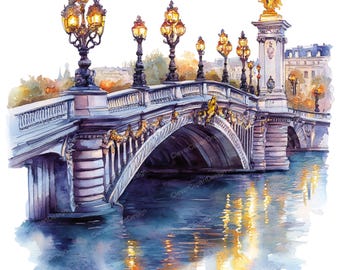 10 Paris Bridge Clipart - Pont Alexandre III Watercolor, French Landmark (PNG/JPG)