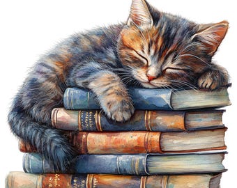 10 Cat Sleeping on Books Clipart - Watercolor Cats, Stacked Books (PNG/JPG)