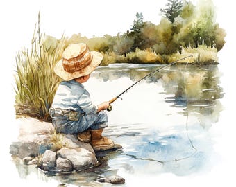 10 Kid Fishing Clipart - Little Boy Fishing, Printable Watercolor (PNG/JPG Digital Download)