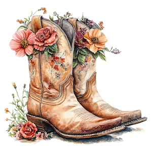 May include: Watercolor illustration of a pair of tan cowboy boots filled with colorful flowers. The boots have floral patterns and are decorated with pink, red, and orange roses, and other wildflowers. The boots are set against a white background.