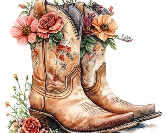 10 Cowboy Boots with Flowers Clipart - Western Cowgirl Floral Boots (PNG/JPG Digital Download)