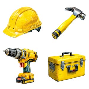 Op de afbeelding: Waterverfillustratie van bouwmachines: een gele helm, een hamer met een gele steel, een geelzwarte boor en een gele gereedschapskist met een zwarte handgreep.