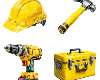 14 Construction Tools Clipart - Watercolor Black & Yellow Tools Set (PNG/JPG)