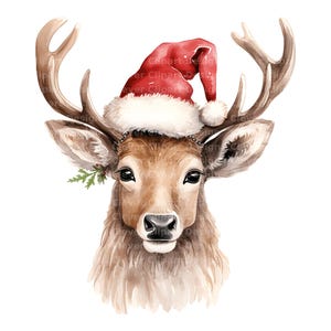 Pu&ograve; includere: Un dipinto ad acquerello di un cervo che indossa un cappello di Babbo Natale rosso con bordino bianco. Il cervo ha la pelliccia marrone e grandi corna.