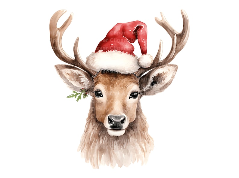 Pu&ograve; includere: Un dipinto ad acquerello di un cervo che indossa un cappello di Babbo Natale rosso con bordino bianco. Il cervo ha la pelliccia marrone e grandi corna.