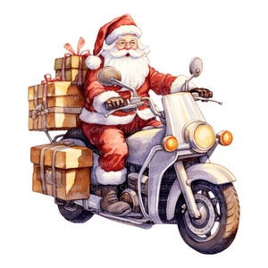 Może przedstawiać: Święty Mikołaj w czerwonym stroju i z białą brodą jedzie srebrnym motocyklem z przyczepą boczną pełną zapakowanych prezent&oacute;w.