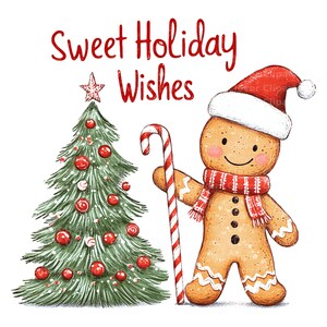 Op de afbeelding: Een peperkoekmannetje met een rood-witte kerstmanmuts houdt een snoepstok vast en staat naast een versierd kerstboom. De tekst "Sweet Holiday Wishes" staat boven de afbeelding.