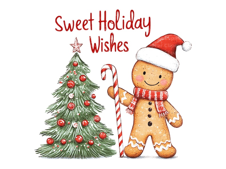 Op de afbeelding: Een peperkoekmannetje met een rood-witte kerstmanmuts houdt een snoepstok vast en staat naast een versierd kerstboom. De tekst "Sweet Holiday Wishes" staat boven de afbeelding.