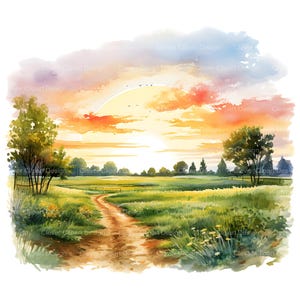 Puede incluir: Una pintura de acuarela de un paisaje rural con un camino de tierra que conduce a un campo de hierba verde. El cielo es de un naranja y rosa vibrantes, con algunas nubes. Hay árboles a ambos lados del camino, y el sol se pone en la distancia.