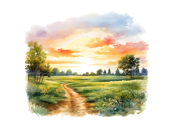 10 Countryside Clipart - Watercolor Summer Field & Meadow Scene PNG Bundle