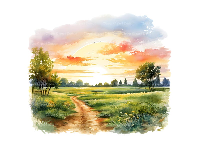May include: A watercolor painting of a rural landscape with a dirt road leading into a field of green grass. The sky is a vibrant orange and pink, with a few clouds. There are trees on either side of the road, and the sun is setting in the distance.
