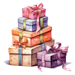 May include: A stack of five wrapped gifts in various colors and patterns, including pink, blue, orange, and brown. The gifts are tied with ribbons and bows.