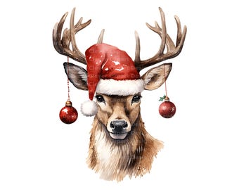 10 kerstherten clipart, hert met kerstmuts, Raindeer clipart, kerst herten png, aquarel herten, kerst herten hoofd, herten afdrukbaar
