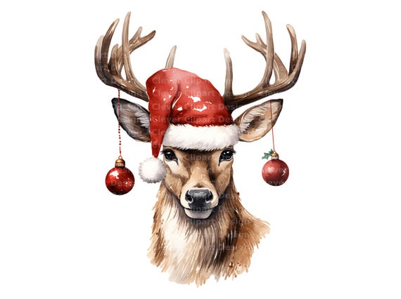 10 Christmas Deer Clipart, Deer with Santa Hat, Raindeer Clipart, Christmas Deer PNG, Watercolor Deer, Christmas Deer Head, Deer Printable
