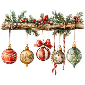May include: Watercolor painting of a Christmas tree branch with six ornaments hanging from it. The ornaments are red, gold, white, and green with various patterns. The branch is decorated with red berries.