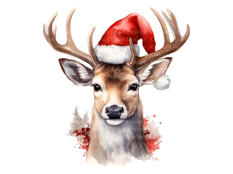 Pu&ograve; includere: Dipinto ad acquerello di un cervo che indossa un cappello di Babbo Natale rosso con bordino bianco. Il cervo guarda direttamente lo spettatore. Lo sfondo &egrave; un acquerello rosso e bianco.