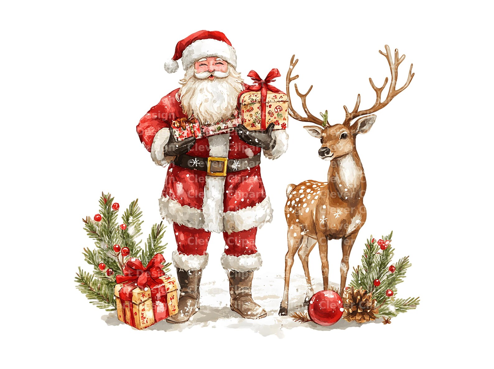10 Santa and Reindeer Clipart - Watercolor Christmas PNG Bundle - Etsy