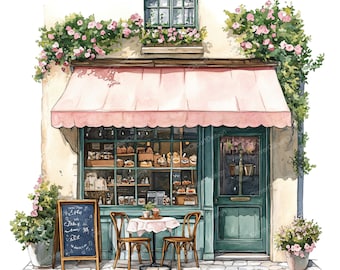 10 Paris Cafe Clipart - Watercolor Parisian Cafe Art, French Bakery (PNG/JPG Digital Download)