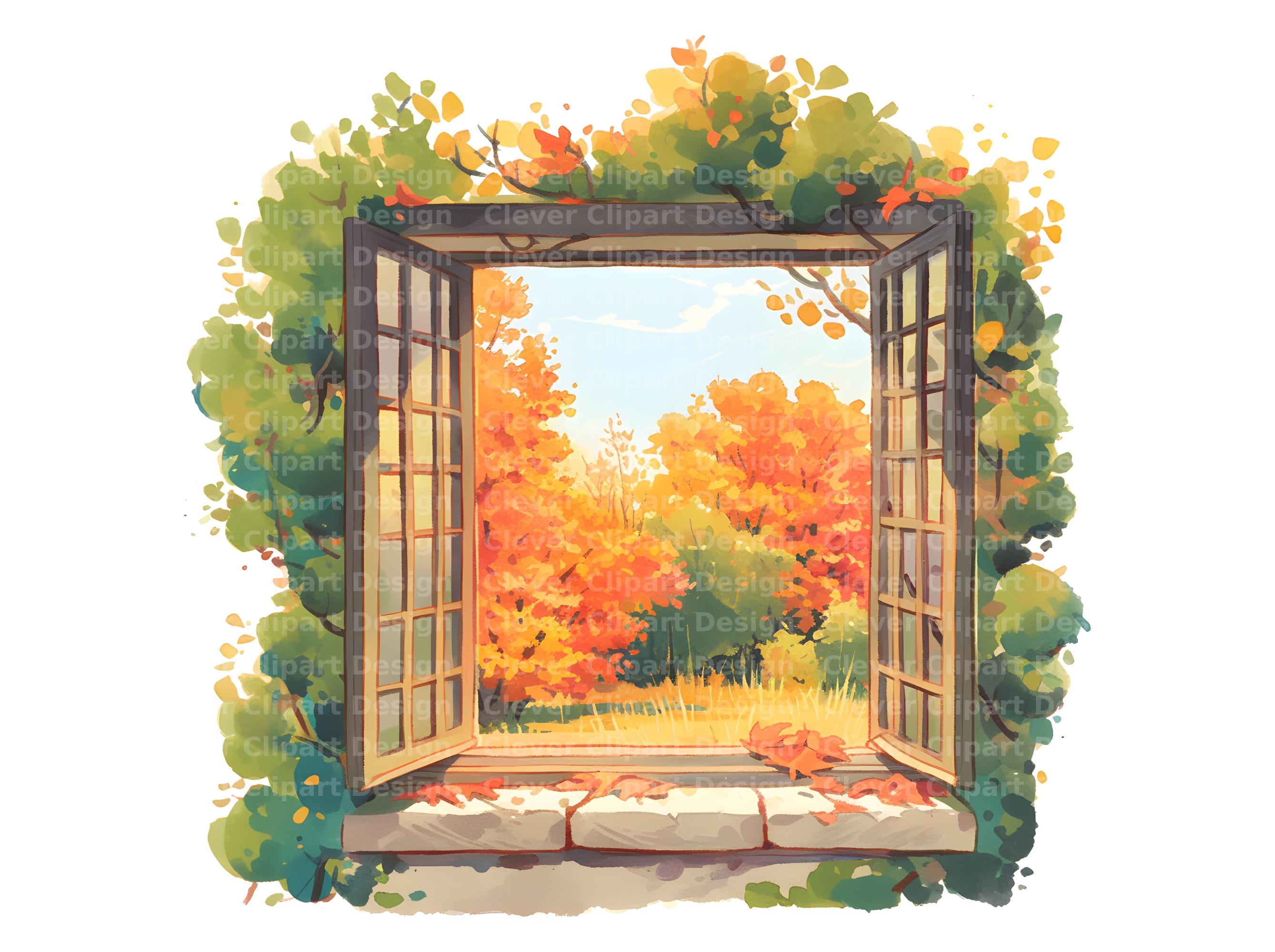 10 Autumn Window Clipart - Watercolor Cozy Window Scenes, Fall Views ...