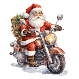 Może przedstawiać: Święty Mikołaj w czerwonym stroju i z białą brodą jedzie na brązowym motocyklu z choinką i prezentami w bocznym wozie.