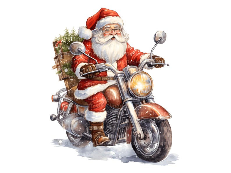 Może przedstawiać: Święty Mikołaj w czerwonym stroju i z białą brodą jedzie na brązowym motocyklu z choinką i prezentami w bocznym wozie.