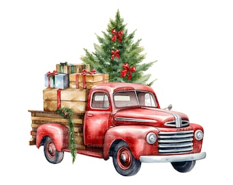 10 Clipart di camion di Natale - Pickup che trasporta un albero di Natale (download digitale PNG/JPG)