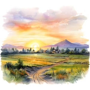 May include: A watercolor painting of a rural landscape with a dirt road leading to a small village. The sun is setting behind the mountains, casting a warm glow over the scene. The sky is a mix of pink, orange, and yellow.
