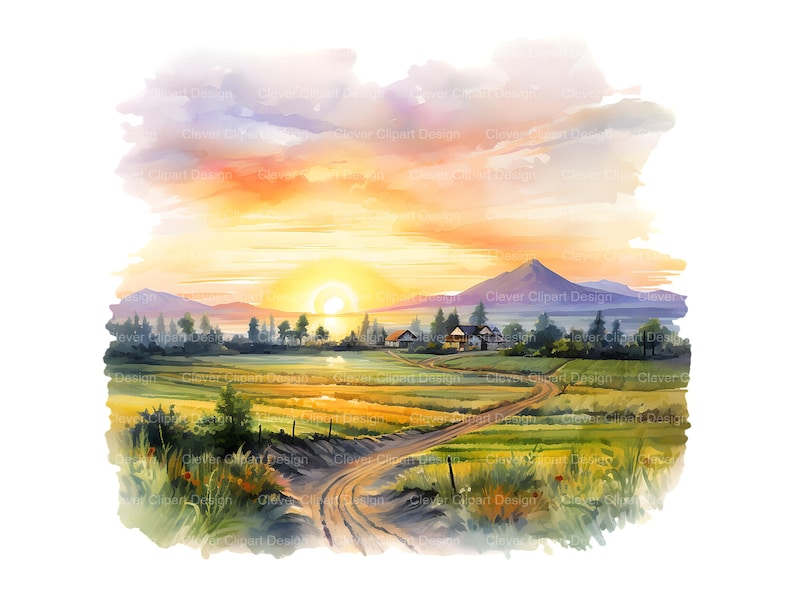 May include: A watercolor painting of a rural landscape with a dirt road leading to a small village. The sun is setting behind the mountains, casting a warm glow over the scene. The sky is a mix of pink, orange, and yellow.