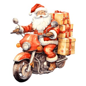 Może przedstawiać: Święty Mikołaj jedzie na czerwonym motocyklu z bocznym w&oacute;zkiem pełnym zapakowanych prezent&oacute;w. Motocykl ma chromowany reflektor i kierownicę. Mikołaj ma na sobie czerwony str&oacute;j z białymi ozdobami i białą brodę. Trzyma kierownicę w rękawiczkach.