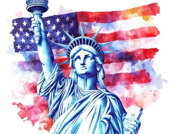 自由の女神像、アメリカ国旗、デジタルダウンロード、水彩イラスト