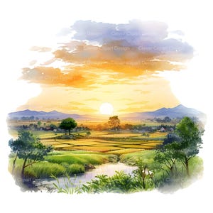 May include: A watercolor painting of a rural landscape with a river winding through a field of green and yellow crops. The sun is setting behind a line of mountains in the distance, casting a warm glow over the scene.