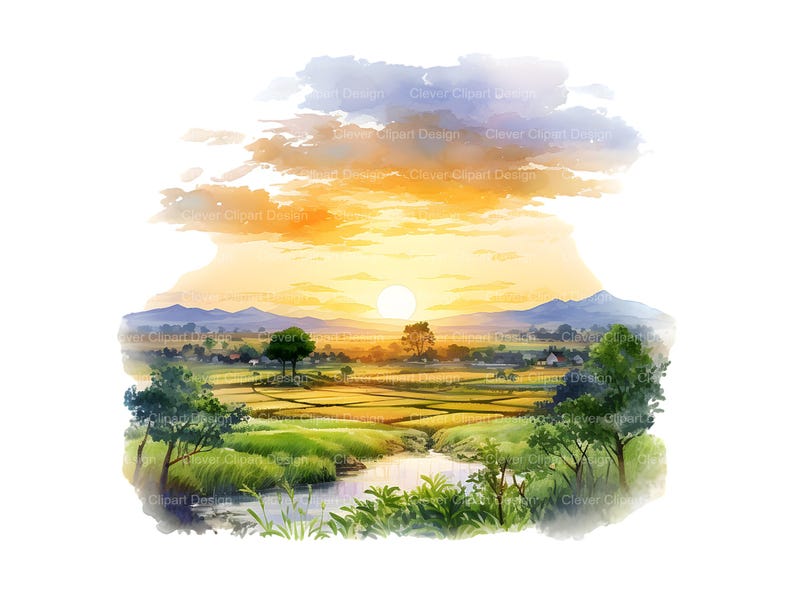 May include: A watercolor painting of a rural landscape with a river winding through a field of green and yellow crops. The sun is setting behind a line of mountains in the distance, casting a warm glow over the scene.