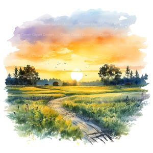 May include: A watercolor painting of a sunset over a field with a dirt road leading into the distance. The sky is a mix of orange, yellow, and purple, and the sun is setting behind a line of trees. The field is green and lush, with wildflowers growing along the road.