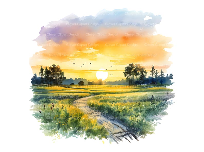 May include: A watercolor painting of a sunset over a field with a dirt road leading into the distance. The sky is a mix of orange, yellow, and purple, and the sun is setting behind a line of trees. The field is green and lush, with wildflowers growing along the road.
